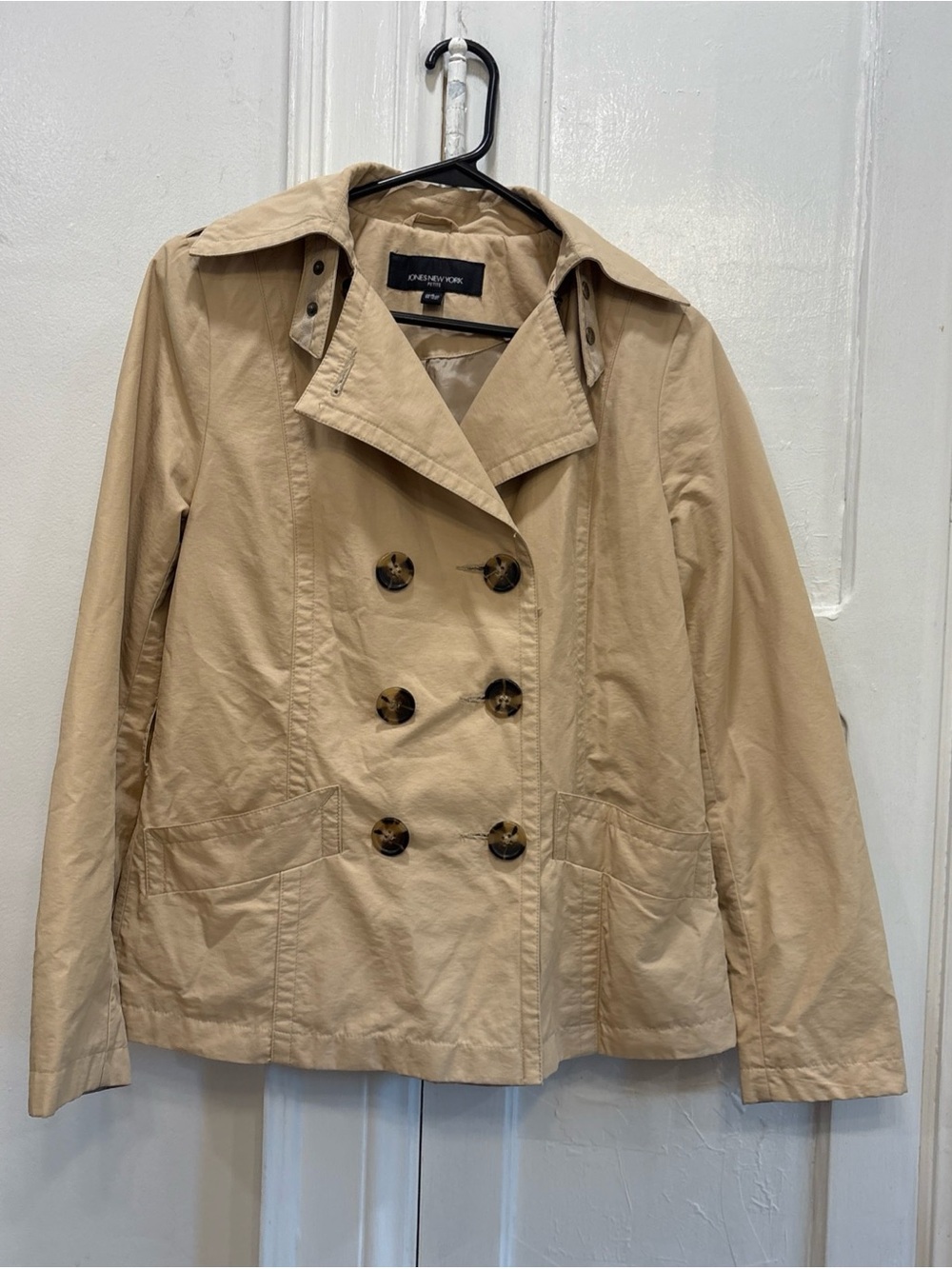 Jones New York Trench Coat Tan Lined Double Breasted Cropped short Jacket Sz S